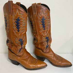 Vintage Dan Post Leather Cowboy Boots – Brown w/ Blue Stitching – Women’s 6.5-7